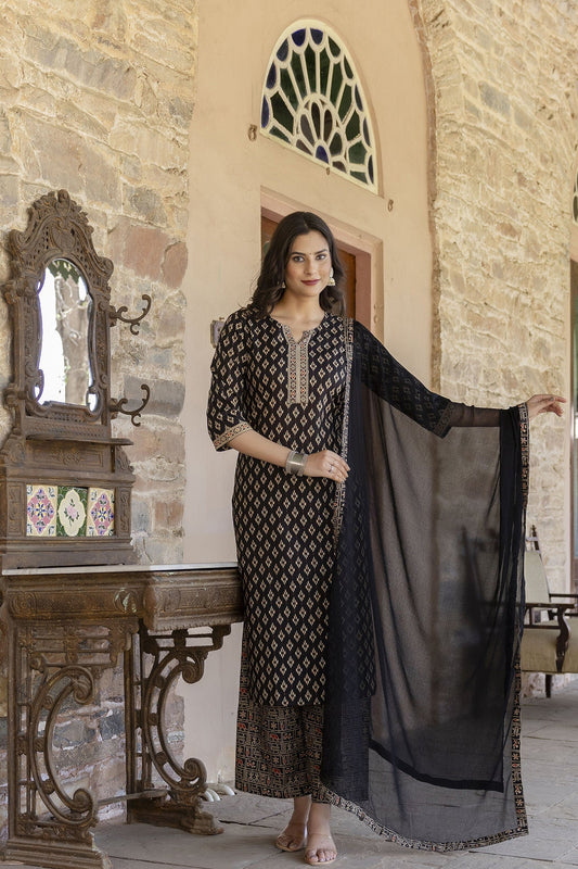 Women Black Ethnic Printed Straight Kurta With Palazzo And Chiffon Dupatta | LASVINI - Redefining Indian Fashion with Elegance