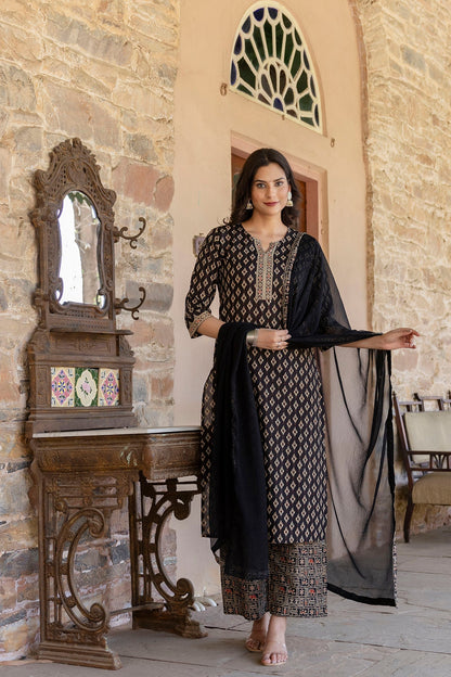 Women Black Ethnic Printed Straight Kurta With Palazzo And Chiffon Dupatta | LASVINI - Redefining Indian Fashion with Elegance