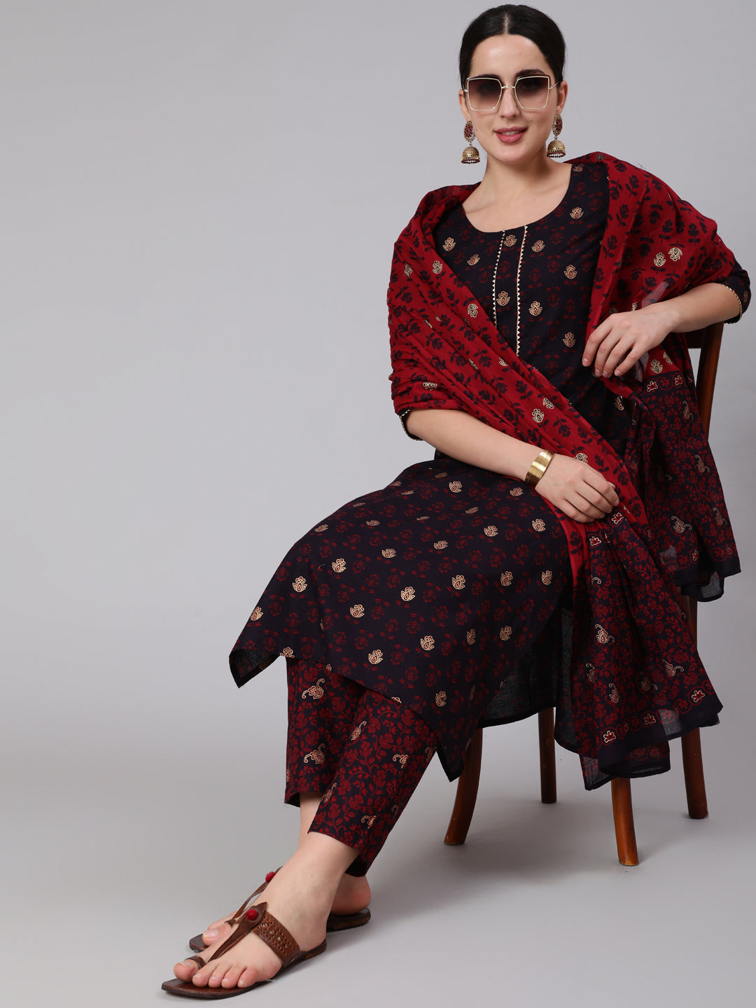 Women Black & Maroon Ethnic Motif Printed Straight Kurta With Trouser And Dupatta | LASVINI - Redefining Indian Fashion with Elegance