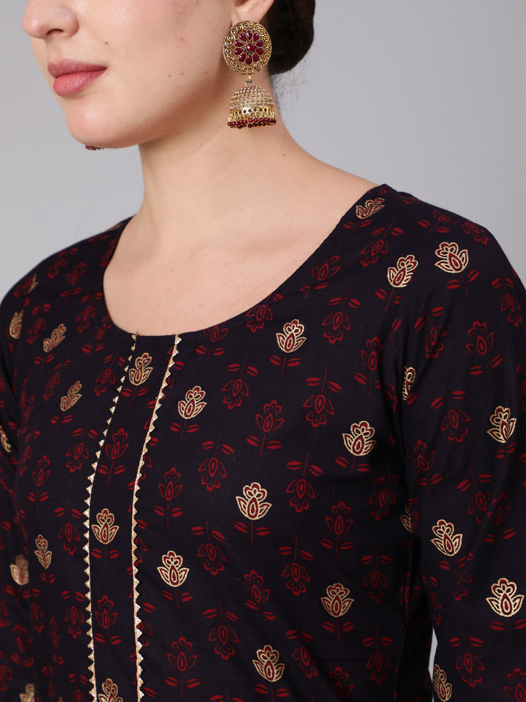 Women Black & Maroon Ethnic Motif Printed Straight Kurta With Trouser And Dupatta | LASVINI - Redefining Indian Fashion with Elegance