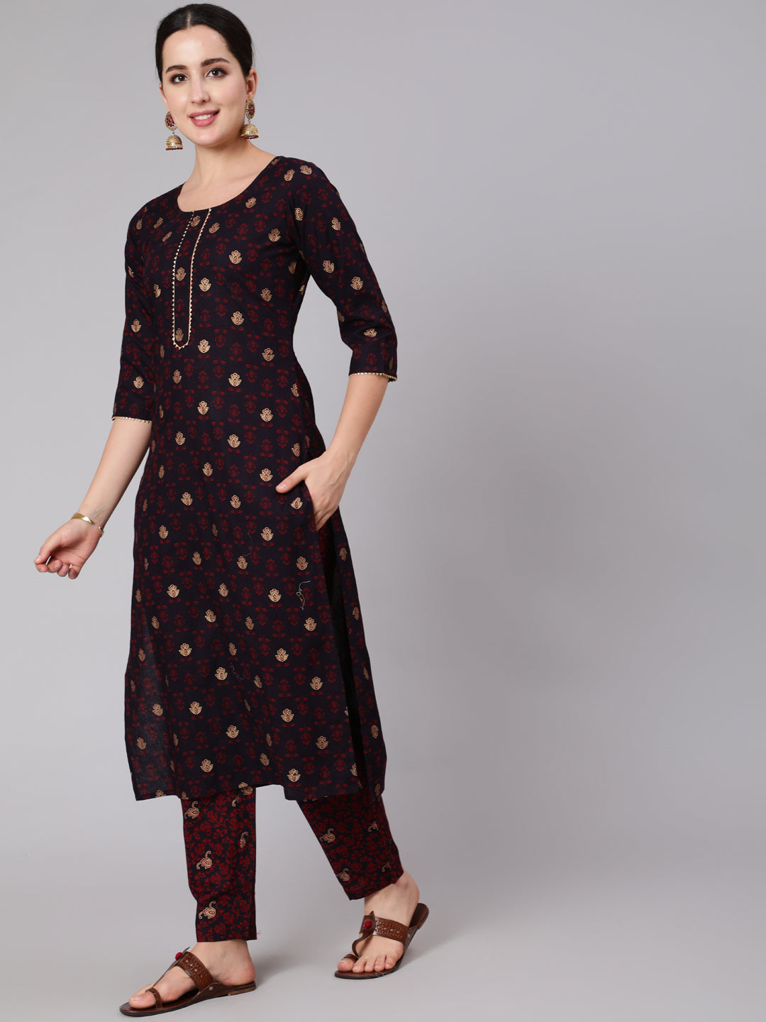 Women Black & Maroon Ethnic Motif Printed Straight Kurta With Trouser And Dupatta | LASVINI - Redefining Indian Fashion with Elegance