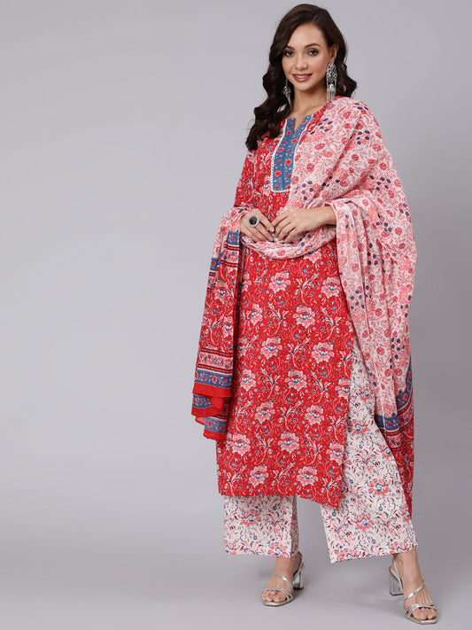 Women Red Floral Printed Straight Kurta & Palazzo With Dupatta | LASVINI - Redefining Indian Fashion with Elegance