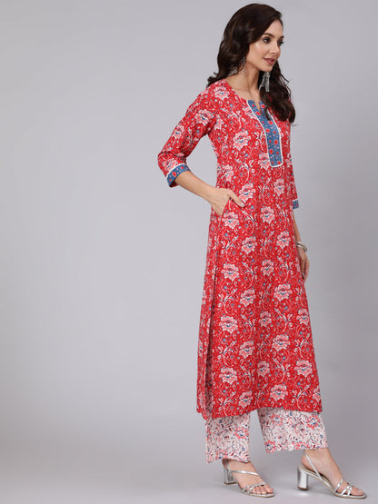 Women Red Floral Printed Straight Kurta & Palazzo With Dupatta | LASVINI - Redefining Indian Fashion with Elegance