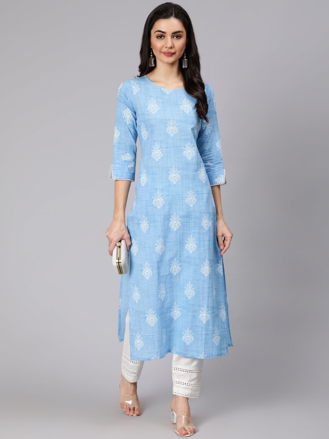 Women Light Blue Printed Straight Kurta With Trouser And Lace Details | LASVINI - Redefining Indian Fashion with Elegance