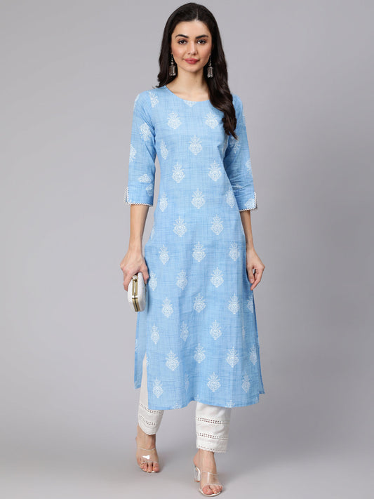 Women Light Blue Printed Straight Kurta With Trouser And Lace Details | LASVINI - Redefining Indian Fashion with Elegance