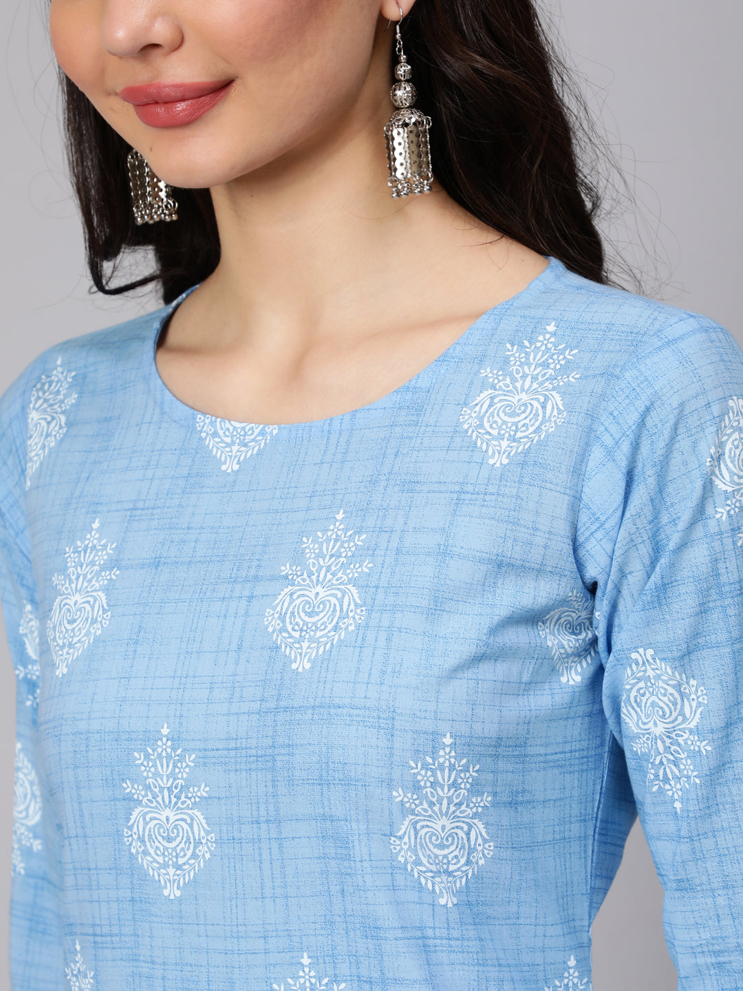 Women Light Blue Printed Straight Kurta With Trouser And Lace Details | LASVINI - Redefining Indian Fashion with Elegance