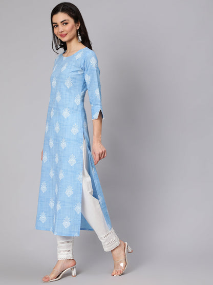 Women Light Blue Printed Straight Kurta With Trouser And Lace Details | LASVINI - Redefining Indian Fashion with Elegance
