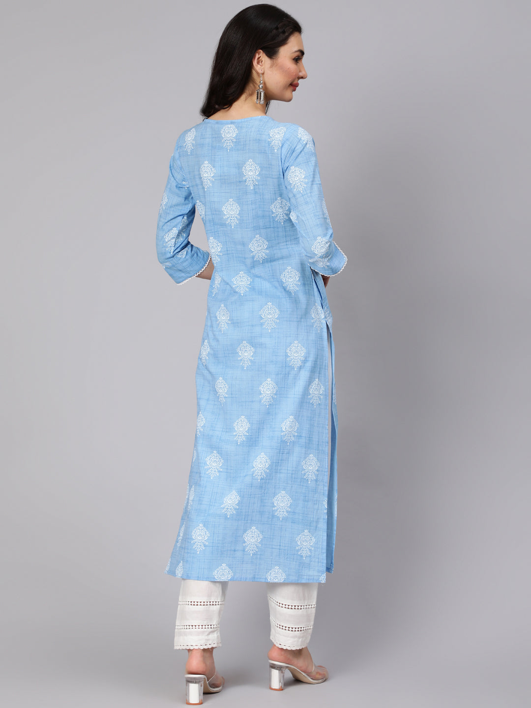 Women Light Blue Printed Straight Kurta With Trouser And Lace Details | LASVINI - Redefining Indian Fashion with Elegance