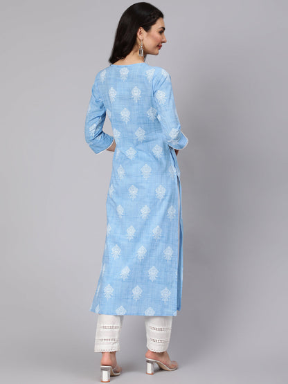 Women Light Blue Printed Straight Kurta With Trouser And Lace Details | LASVINI - Redefining Indian Fashion with Elegance