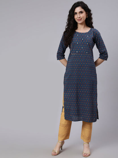 Women Blue & Maroon Floral Printed Straight Kurta With Three Quarter Sleeves | LASVINI - Redefining Indian Fashion with Elegance