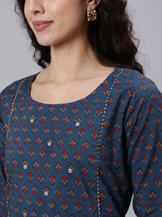 Women Blue & Maroon Floral Printed Straight Kurta With Three Quarter Sleeves | LASVINI - Redefining Indian Fashion with Elegance