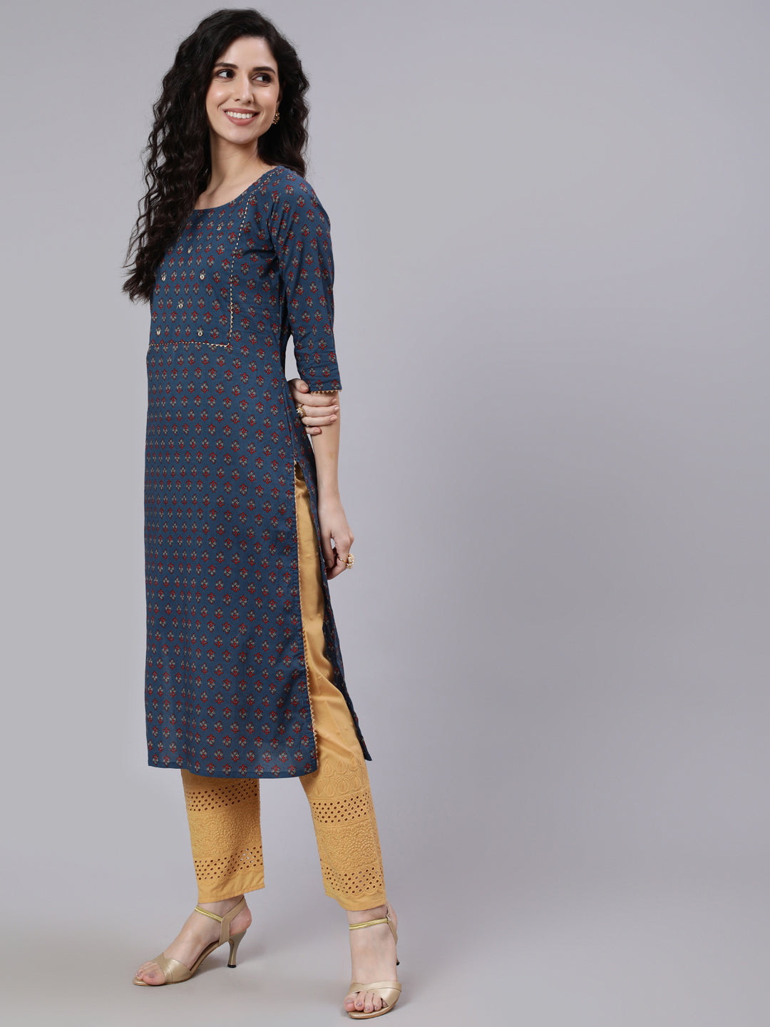 Women Blue & Maroon Floral Printed Straight Kurta With Three Quarter Sleeves | LASVINI - Redefining Indian Fashion with Elegance