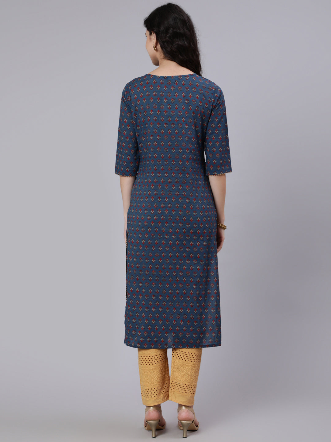 Women Blue & Maroon Floral Printed Straight Kurta With Three Quarter Sleeves | LASVINI - Redefining Indian Fashion with Elegance