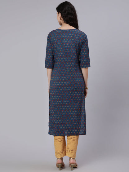 Women Blue & Maroon Floral Printed Straight Kurta With Three Quarter Sleeves | LASVINI - Redefining Indian Fashion with Elegance