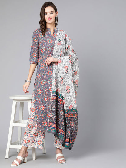 Women Grey Ethnic Printed Straight Kurta With Palazzo And Dupatta | LASVINI - Redefining Indian Fashion with Elegance
