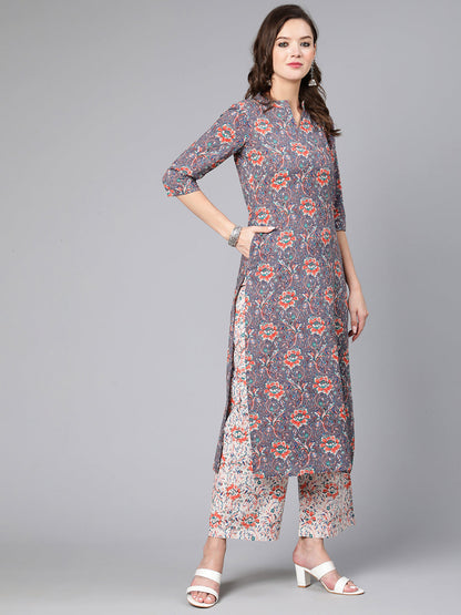 Women Grey Ethnic Printed Straight Kurta With Palazzo And Dupatta | LASVINI - Redefining Indian Fashion with Elegance