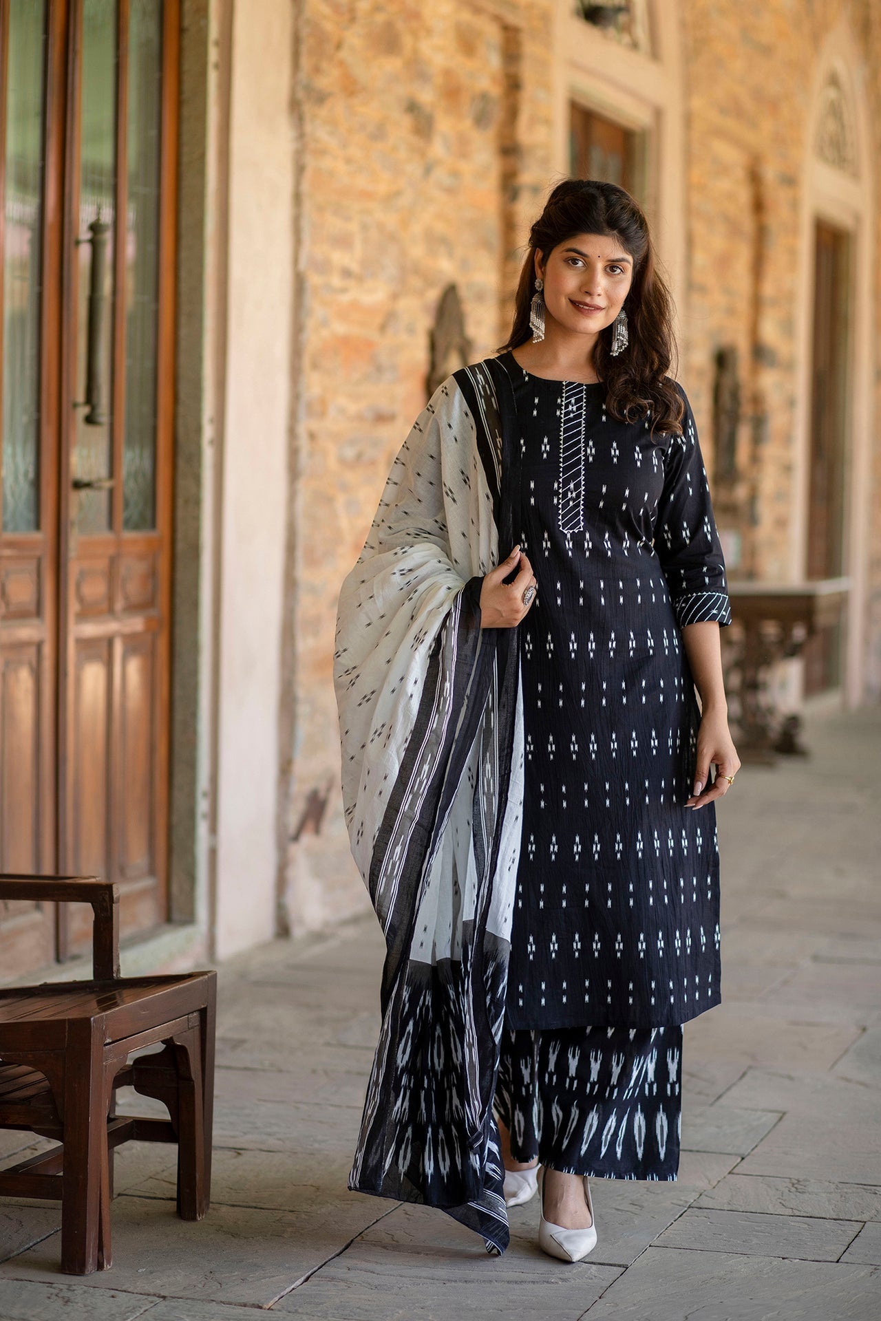 Women Black Ethnic Printed Straight Kurta With Palazzo And Dupatta | LASVINI - Redefining Indian Fashion with Elegance