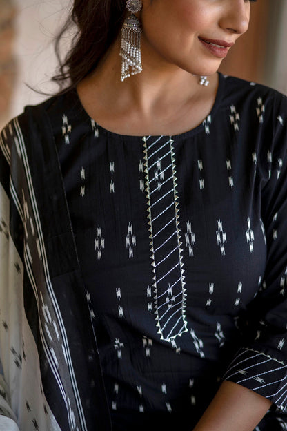 Women Black Ethnic Printed Straight Kurta With Palazzo And Dupatta | LASVINI - Redefining Indian Fashion with Elegance