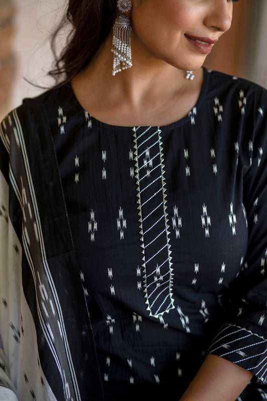 Women Black Ethnic Printed Straight Kurta With Palazzo And Dupatta | LASVINI - Redefining Indian Fashion with Elegance