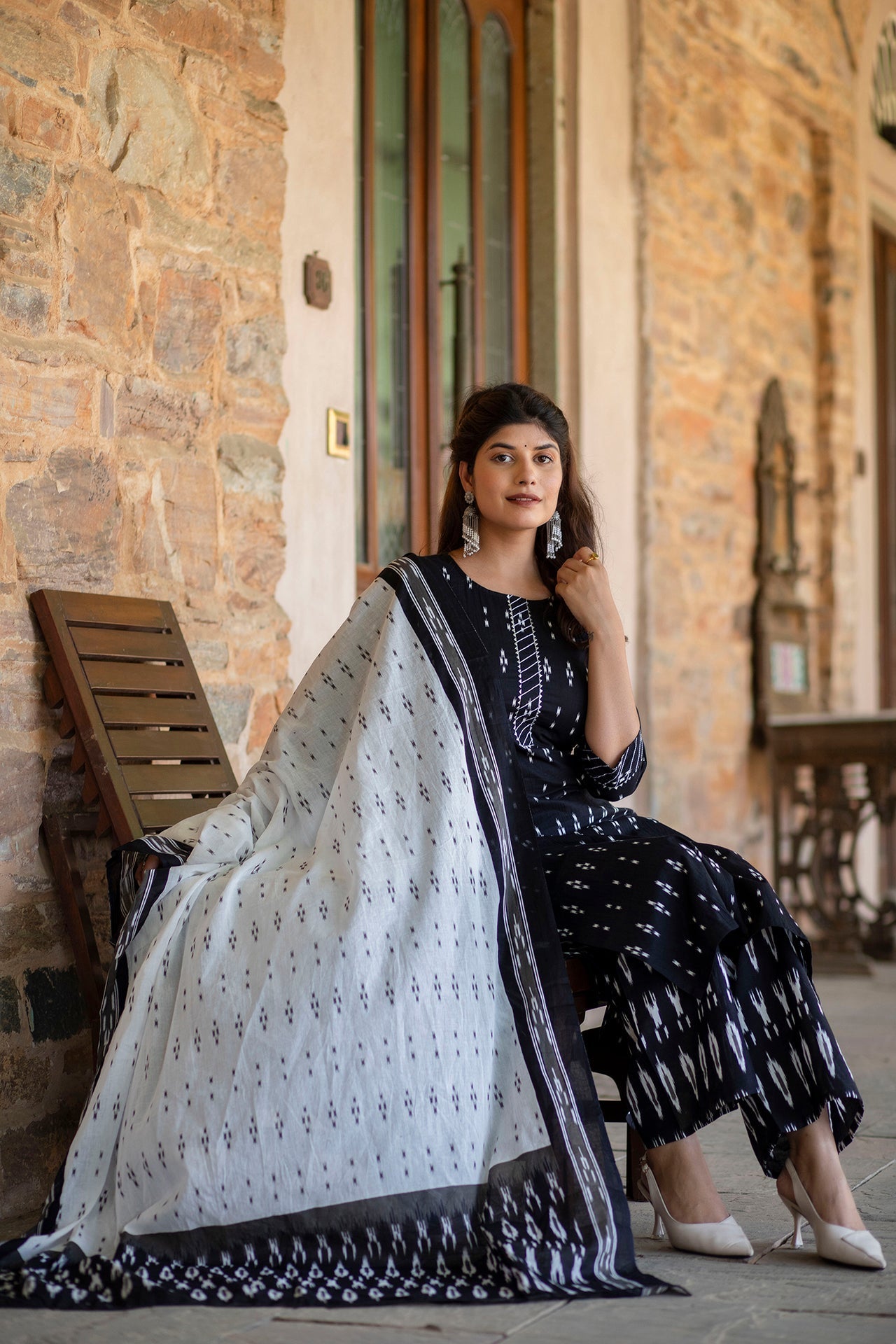 Women Black Ethnic Printed Straight Kurta With Palazzo And Dupatta | LASVINI - Redefining Indian Fashion with Elegance