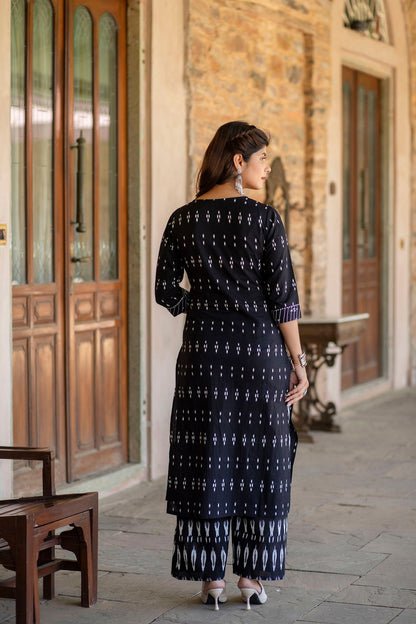 Women Black Ethnic Printed Straight Kurta With Palazzo And Dupatta | LASVINI - Redefining Indian Fashion with Elegance