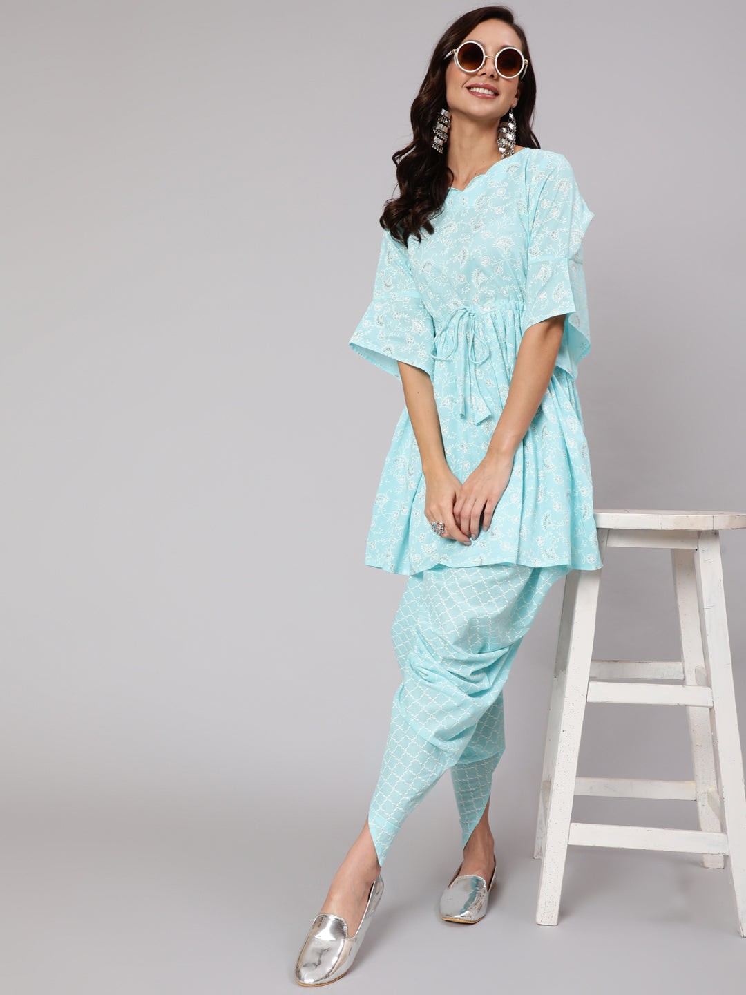 Women Aqua Blue Ethnic Printed A-Line Kurta With Dhoti | LASVINI - Redefining Indian Fashion with Elegance