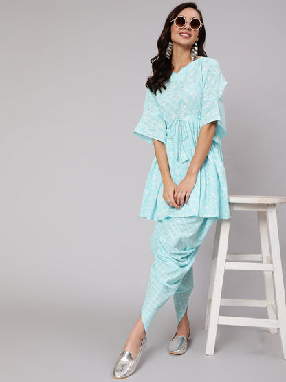 Women Aqua Blue Ethnic Printed A-Line Kurta With Dhoti | LASVINI - Redefining Indian Fashion with Elegance
