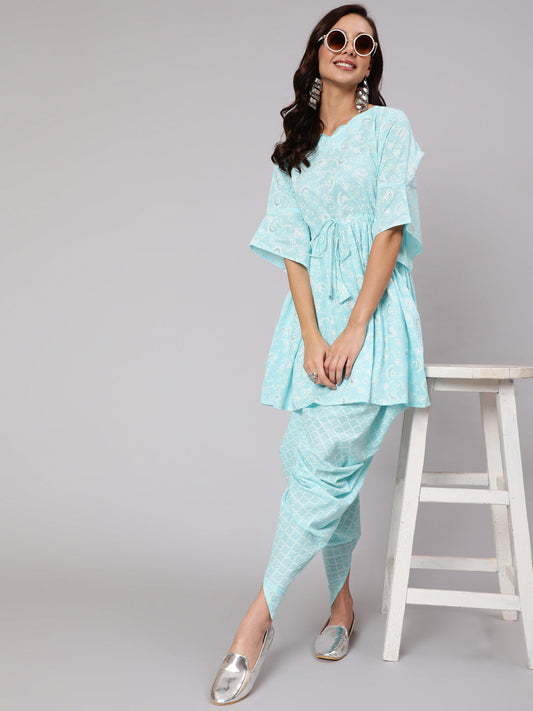 Women Aqua Blue Ethnic Printed A-Line Kurta With Dhoti | LASVINI - Redefining Indian Fashion with Elegance