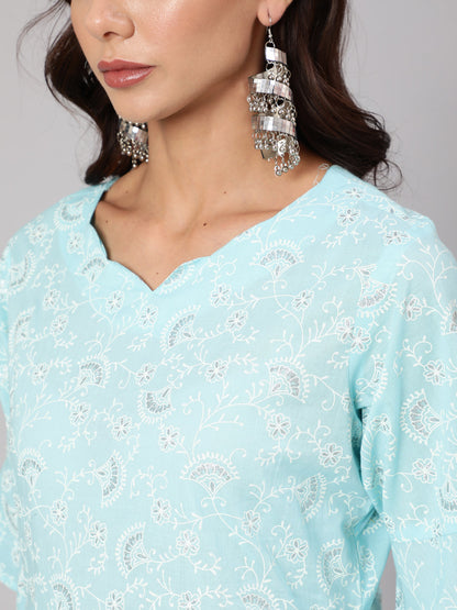 Women Aqua Blue Ethnic Printed A-Line Kurta With Dhoti | LASVINI - Redefining Indian Fashion with Elegance