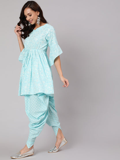 Women Aqua Blue Ethnic Printed A-Line Kurta With Dhoti | LASVINI - Redefining Indian Fashion with Elegance