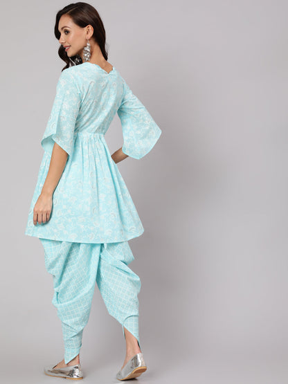 Women Aqua Blue Ethnic Printed A-Line Kurta With Dhoti | LASVINI - Redefining Indian Fashion with Elegance