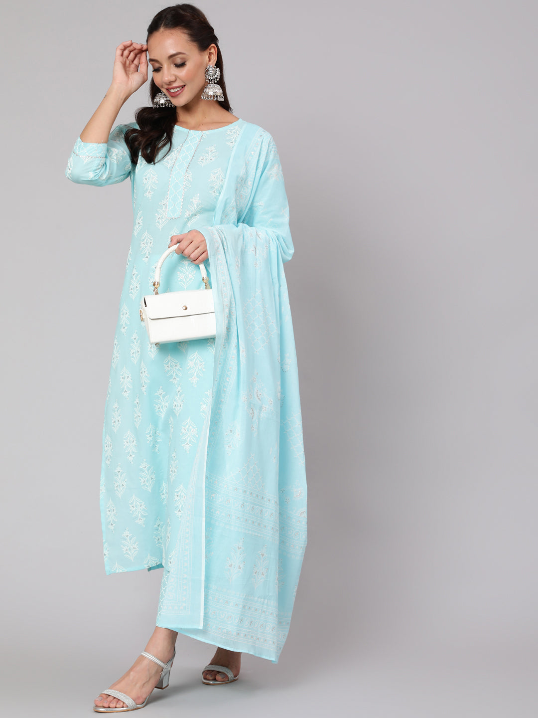 Women Aqua Blue Ethnic Printed Straight Kurta With Palazzo And Dupatta | LASVINI - Redefining Indian Fashion with Elegance
