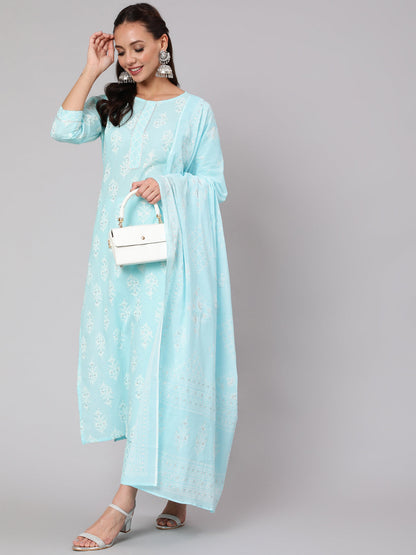 Women Aqua Blue Ethnic Printed Straight Kurta With Palazzo And Dupatta | LASVINI - Redefining Indian Fashion with Elegance
