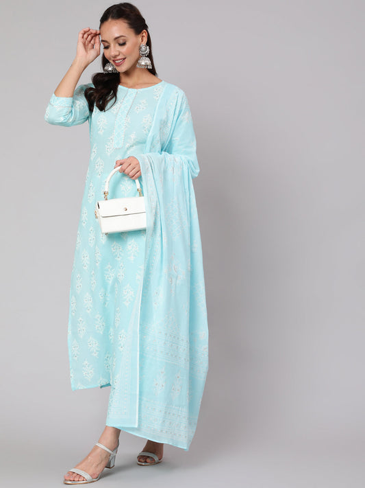 Women Aqua Blue Ethnic Printed Straight Kurta With Palazzo And Dupatta | LASVINI - Redefining Indian Fashion with Elegance