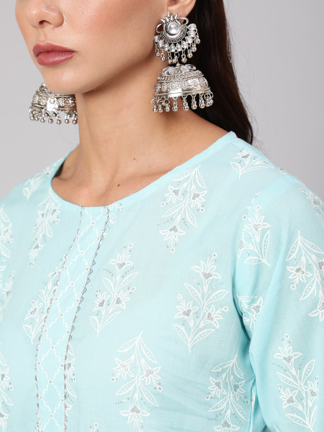 Women Aqua Blue Ethnic Printed Straight Kurta With Palazzo And Dupatta | LASVINI - Redefining Indian Fashion with Elegance