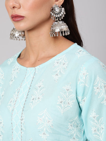 Women Aqua Blue Ethnic Printed Straight Kurta With Palazzo And Dupatta | LASVINI - Redefining Indian Fashion with Elegance