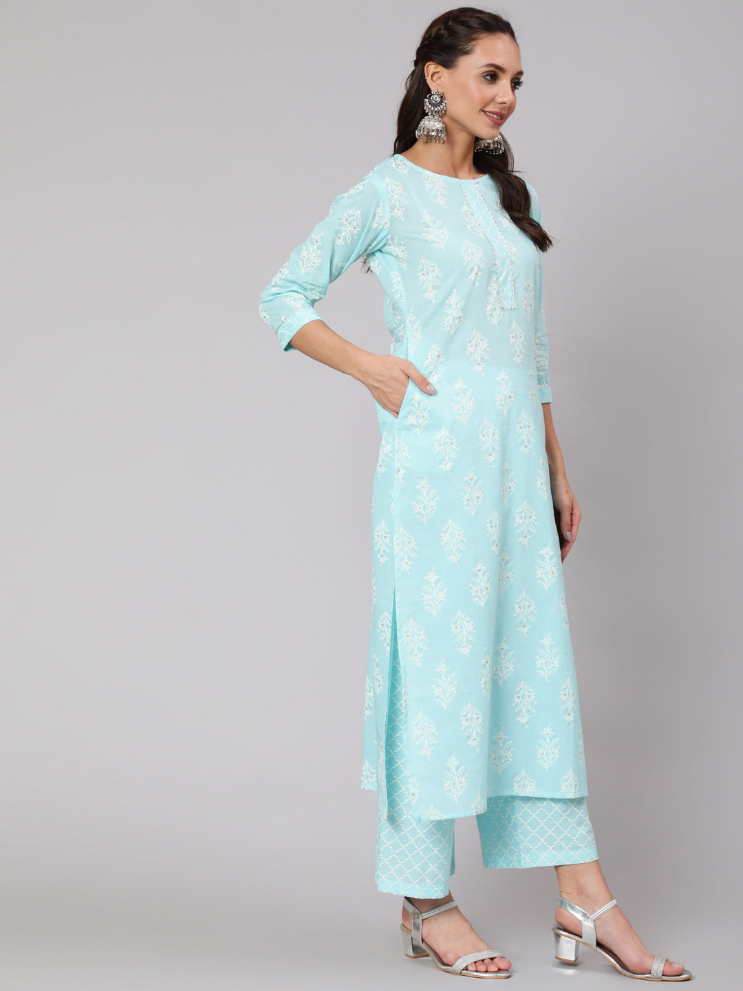 Women Aqua Blue Ethnic Printed Straight Kurta With Palazzo And Dupatta | LASVINI - Redefining Indian Fashion with Elegance