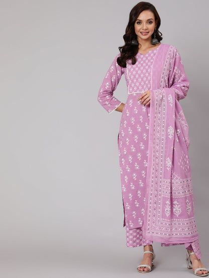 Women Purple Silver Floral Printed Straight Kurta With Palazzo And Dupatta | LASVINI - Redefining Indian Fashion with Elegance