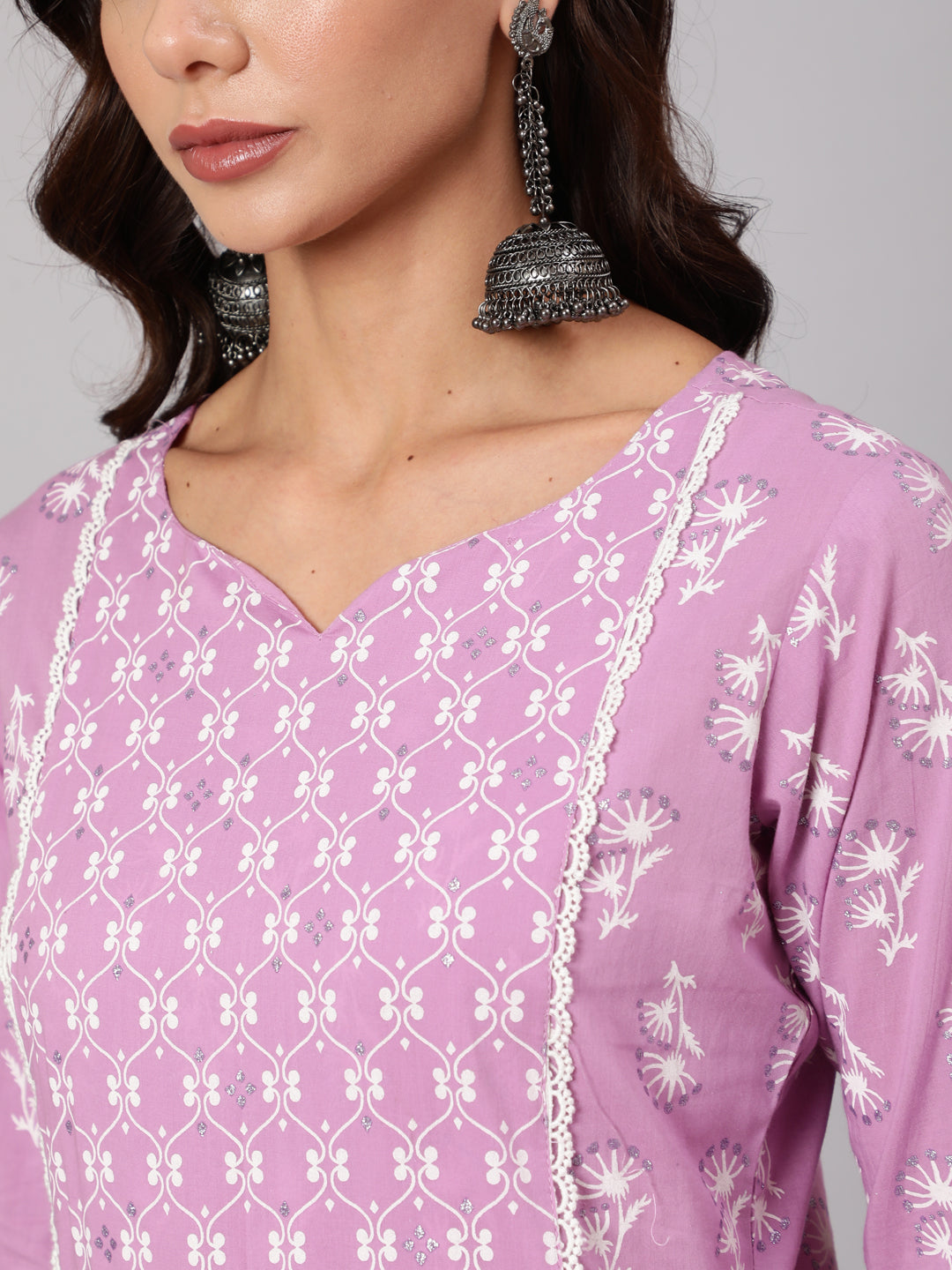 Women Purple Silver Floral Printed Straight Kurta With Palazzo And Dupatta | LASVINI - Redefining Indian Fashion with Elegance