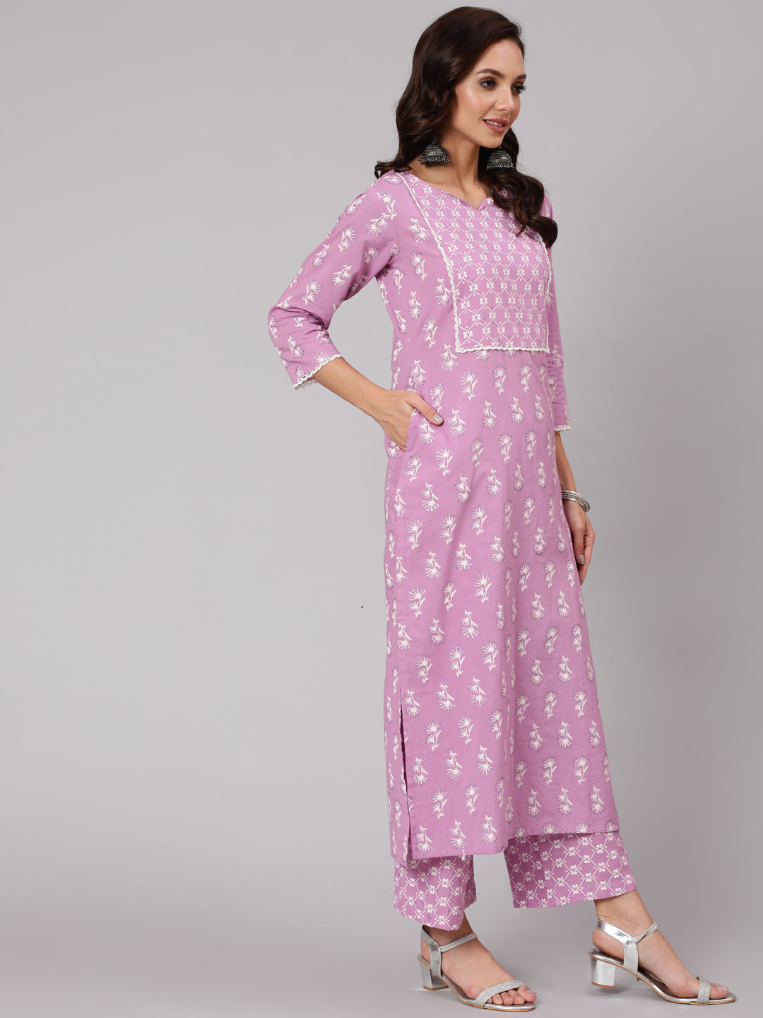 Women Purple Silver Floral Printed Straight Kurta With Palazzo And Dupatta | LASVINI - Redefining Indian Fashion with Elegance