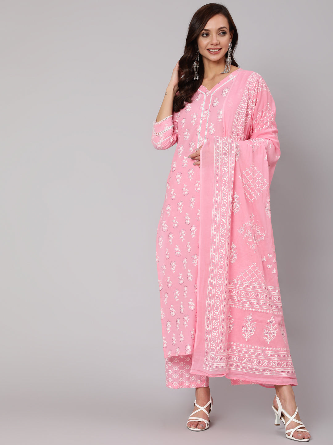 Women Pink Silver Floral Printed Straight Kurta With Palazzo And Dupatta | LASVINI - Redefining Indian Fashion with Elegance