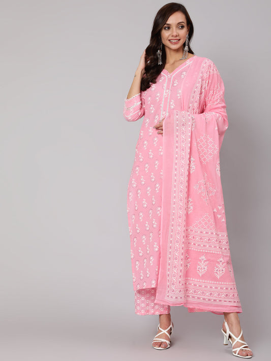 Women Pink Silver Floral Printed Straight Kurta With Palazzo And Dupatta | LASVINI - Redefining Indian Fashion with Elegance