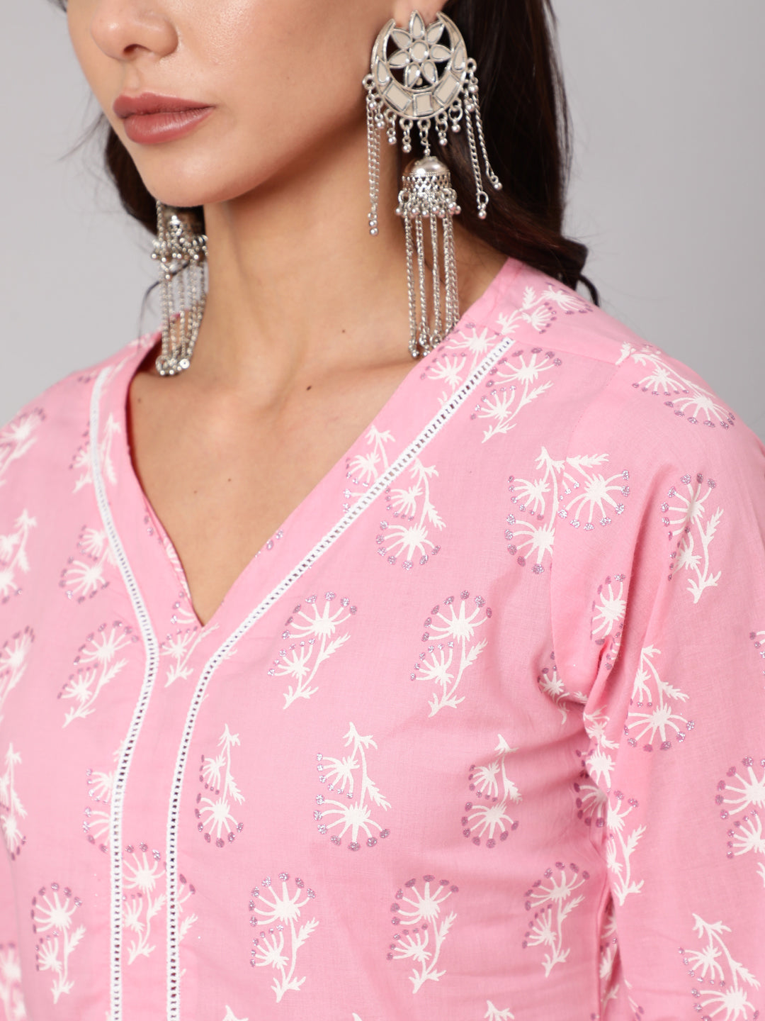 Women Pink Silver Floral Printed Straight Kurta With Palazzo And Dupatta | LASVINI - Redefining Indian Fashion with Elegance