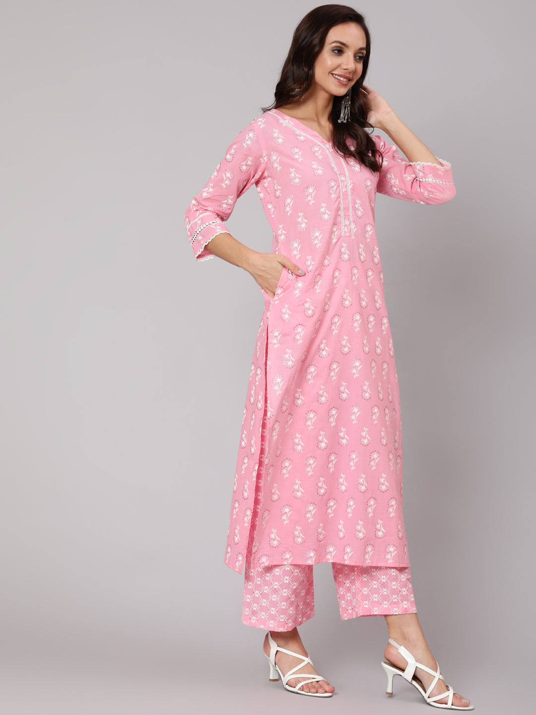 Women Pink Silver Floral Printed Straight Kurta With Palazzo And Dupatta | LASVINI - Redefining Indian Fashion with Elegance