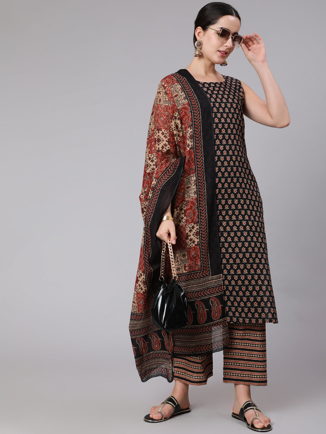 Women Black & Maroon Ethnic Motif Printed Sleevesless Straight Kurta With Palazzo And Dupatta | LASVINI - Redefining Indian Fashion with Elegance