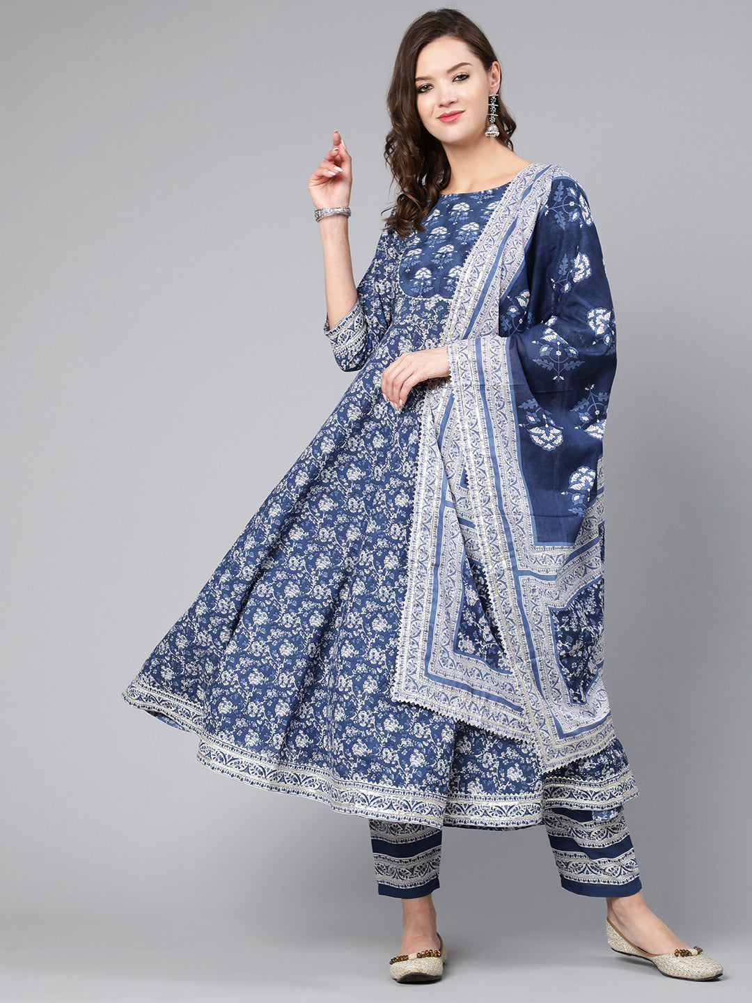 Women Blue Ethnic Printed Flared Kurta With Trouser And Dupatta | LASVINI - Redefining Indian Fashion with Elegance