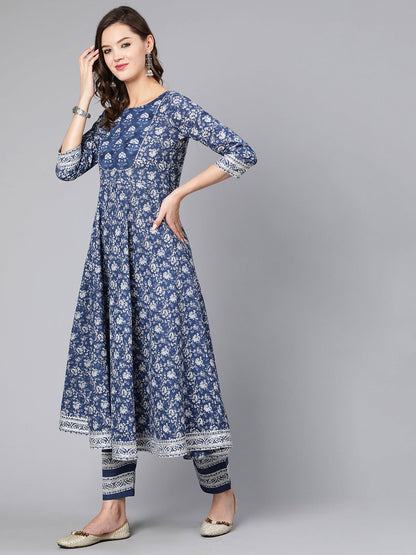 Women Blue Ethnic Printed Flared Kurta With Trouser And Dupatta | LASVINI - Redefining Indian Fashion with Elegance