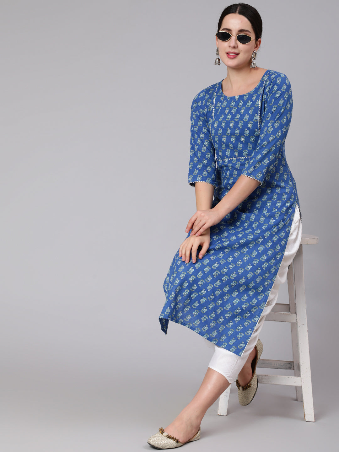 Women Blue Ethnic Motif Printed Straight Kurta With Three Quaretr Sleeves | LASVINI - Redefining Indian Fashion with Elegance