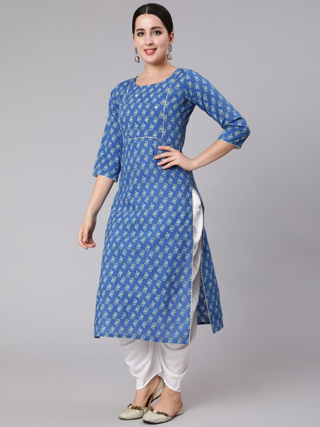 Women Blue Ethnic Motif Printed Straight Kurta With Three Quaretr Sleeves | LASVINI - Redefining Indian Fashion with Elegance