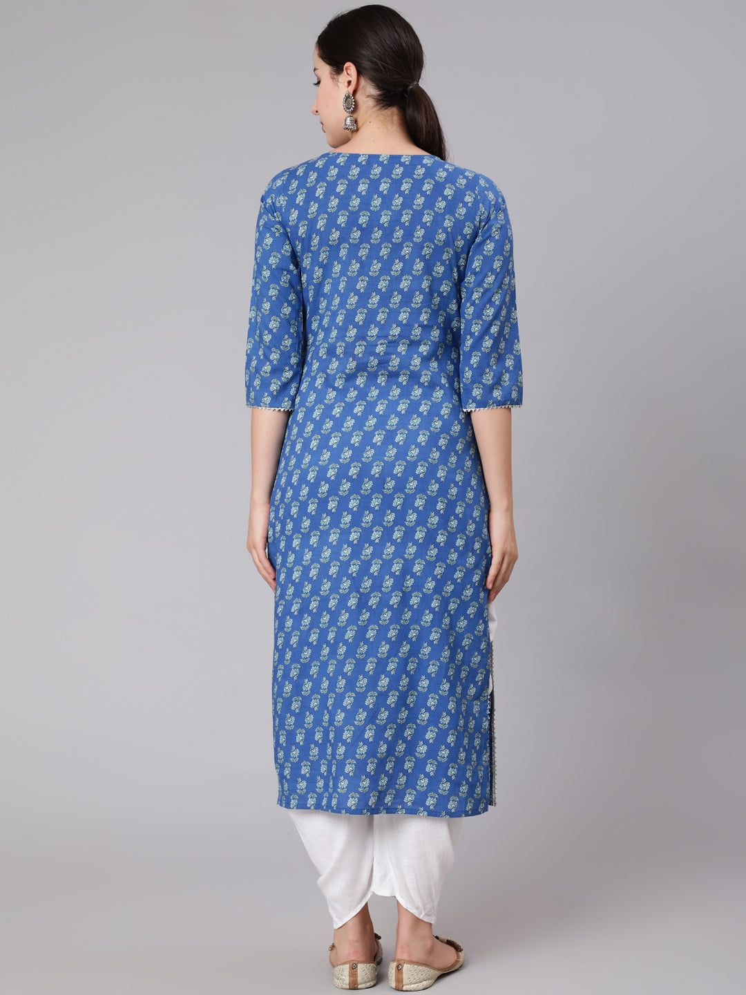 Women Blue Ethnic Motif Printed Straight Kurta With Three Quaretr Sleeves | LASVINI - Redefining Indian Fashion with Elegance